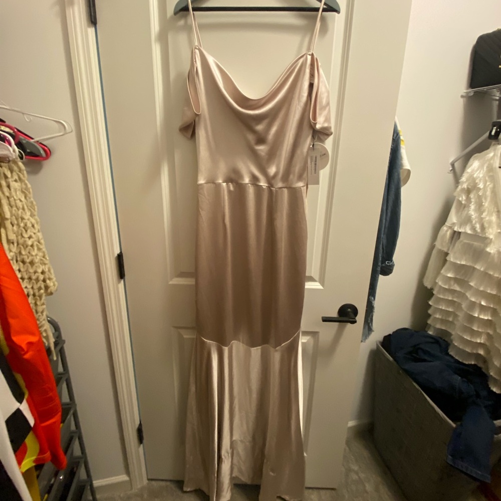 Champagne off shoulder satin gown